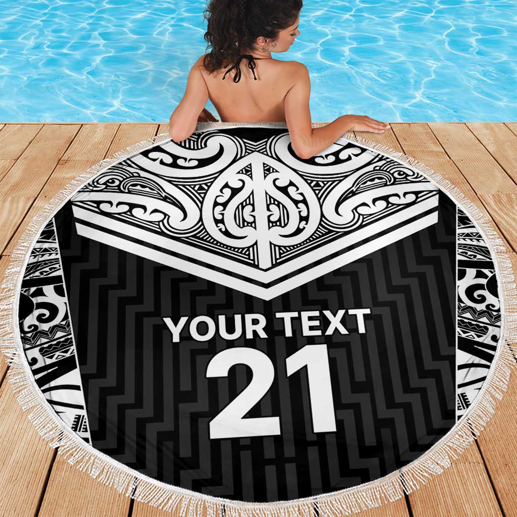 New Zealand Black Fern Custom Beach Blanket Maori Tukutuku Black-white Motif
