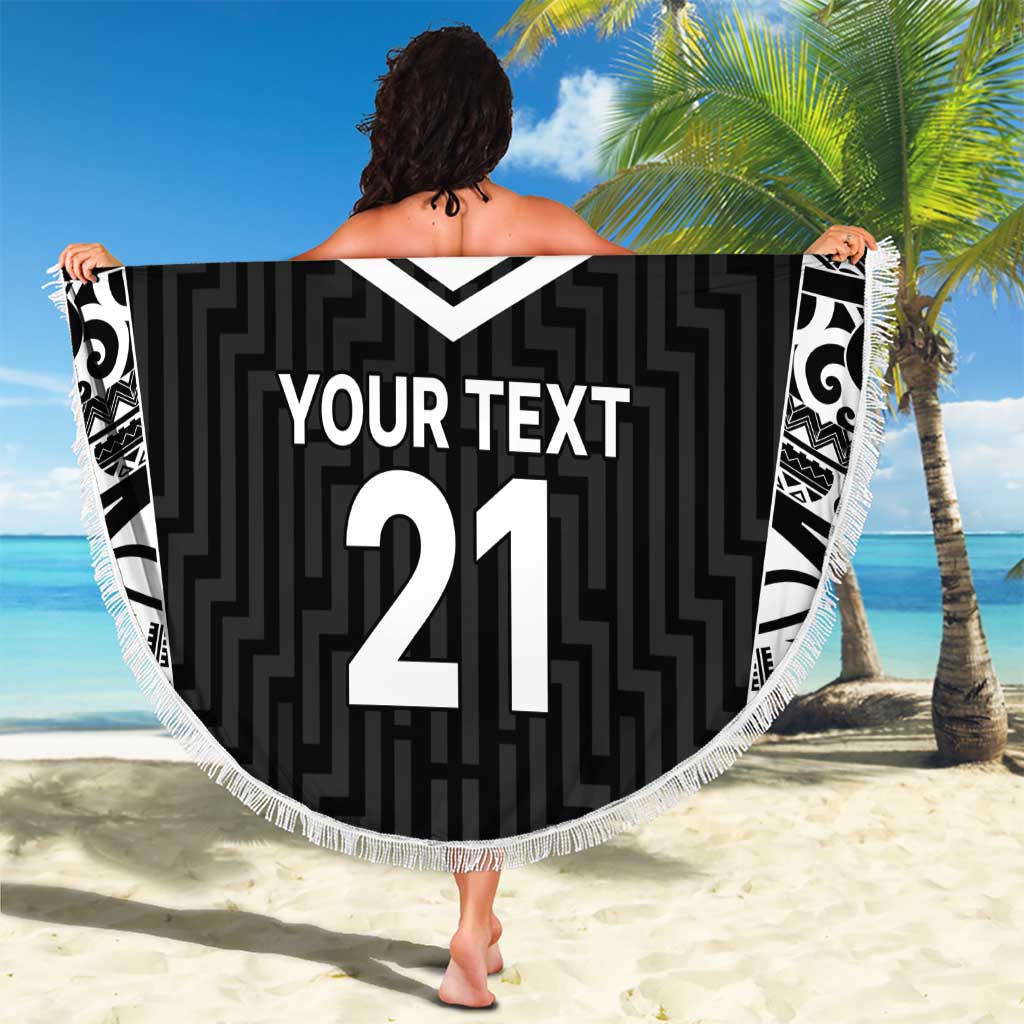 New Zealand Black Fern Custom Beach Blanket Maori Tukutuku Black-white Motif