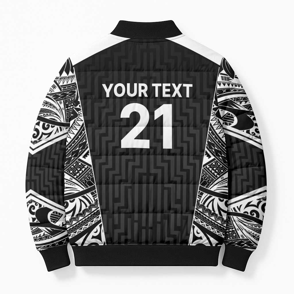 New Zealand Black Fern Custom Bomber Puffer Jacket Maori Tukutuku Black-white Motif - Polynesian Pride