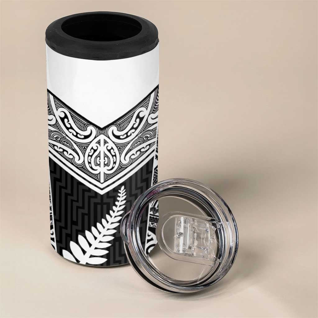 New Zealand Black Fern Custom 4 in 1 Can Cooler Tumbler Maori Tukutuku Black-white Motif