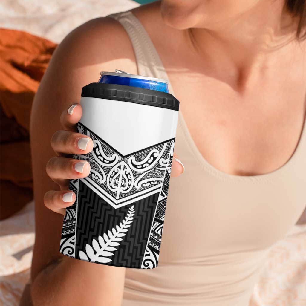 New Zealand Black Fern Custom 4 in 1 Can Cooler Tumbler Maori Tukutuku Black-white Motif