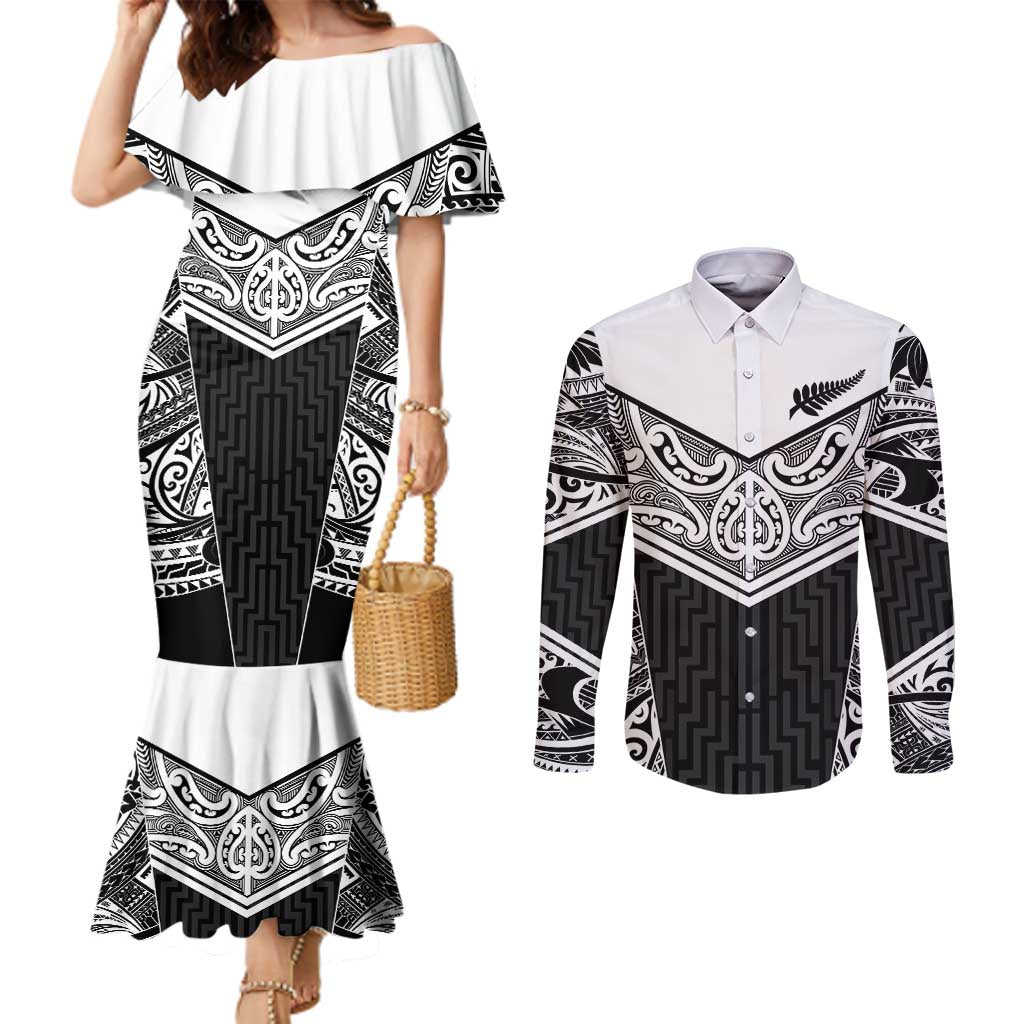 New Zealand Black Fern Custom Couples Matching Mermaid Dress and Long Sleeve Button Shirt Maori Tukutuku Black-white Motif