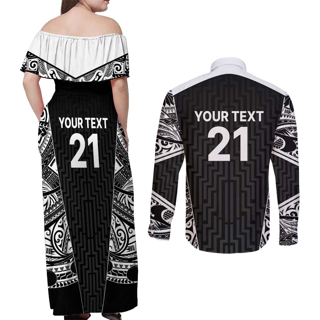 New Zealand Black Fern Custom Couples Matching Off Shoulder Maxi Dress and Long Sleeve Button Shirt Maori Tukutuku Black-white Motif