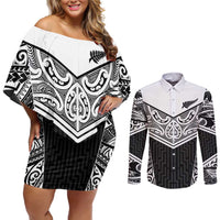 New Zealand Black Fern Custom Couples Matching Off Shoulder Short Dress and Long Sleeve Button Shirt Maori Tukutuku Black-white Motif