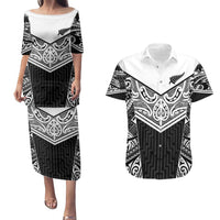 New Zealand Black Fern Custom Couples Matching Puletasi and Hawaiian Shirt Maori Tukutuku Black-white Motif