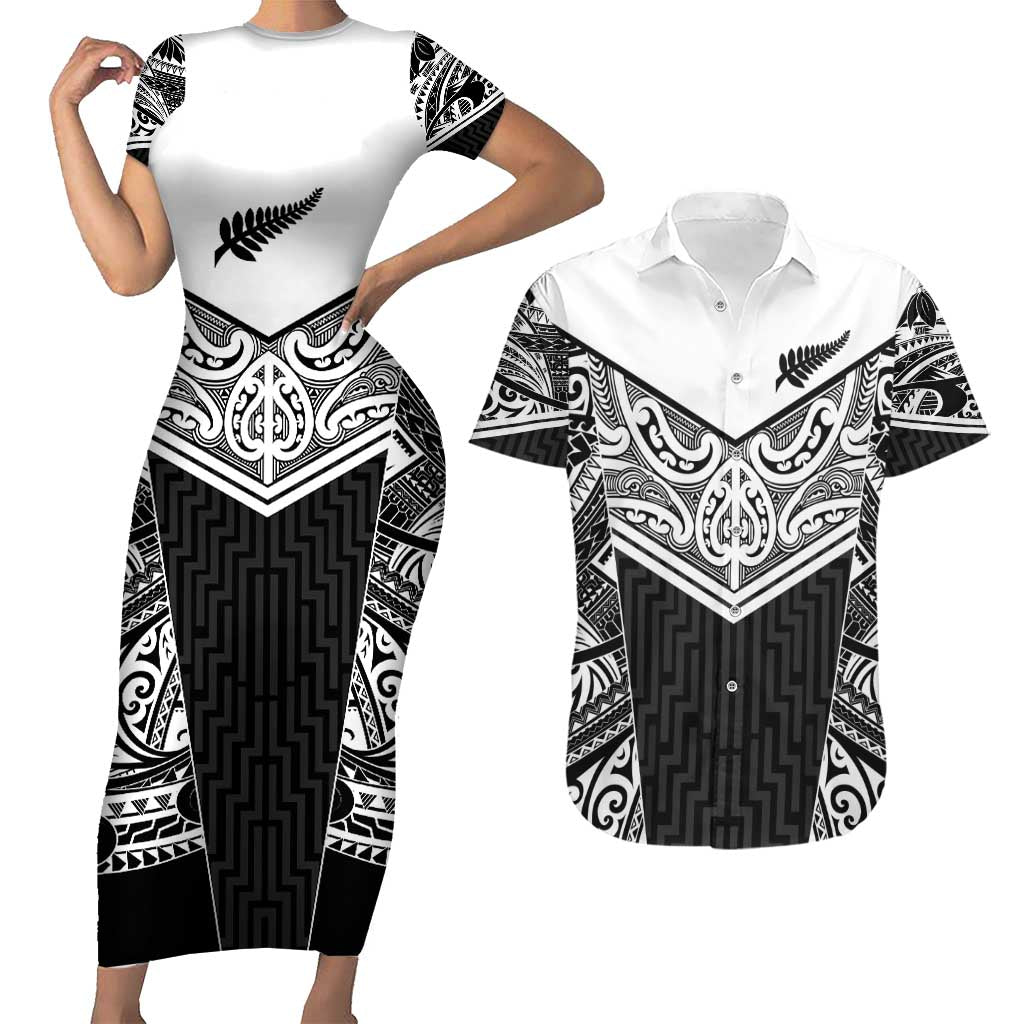 New Zealand Black Fern Custom Couples Matching Short Sleeve Bodycon Dress and Hawaiian Shirt Maori Tukutuku Black-white Motif