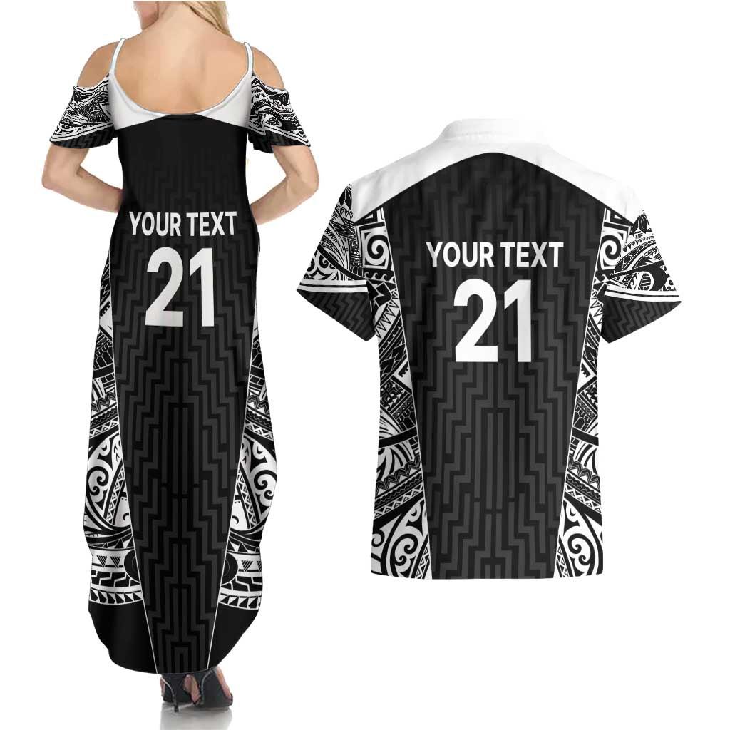 New Zealand Black Fern Custom Couples Matching Summer Maxi Dress and Hawaiian Shirt Maori Tukutuku Black-white Motif