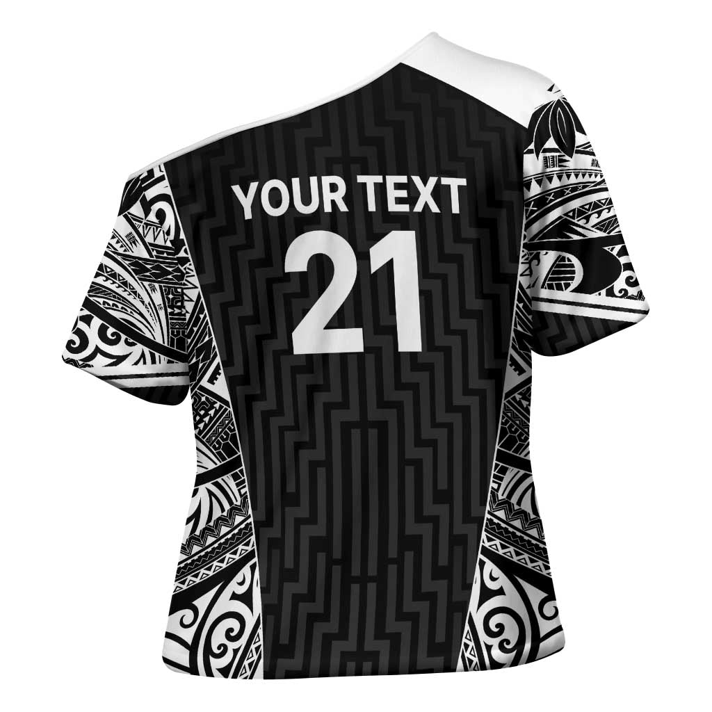 New Zealand Black Fern Custom Cross Shoulder Shirt Maori Tukutuku Black-white Motif - Polynesian Pride