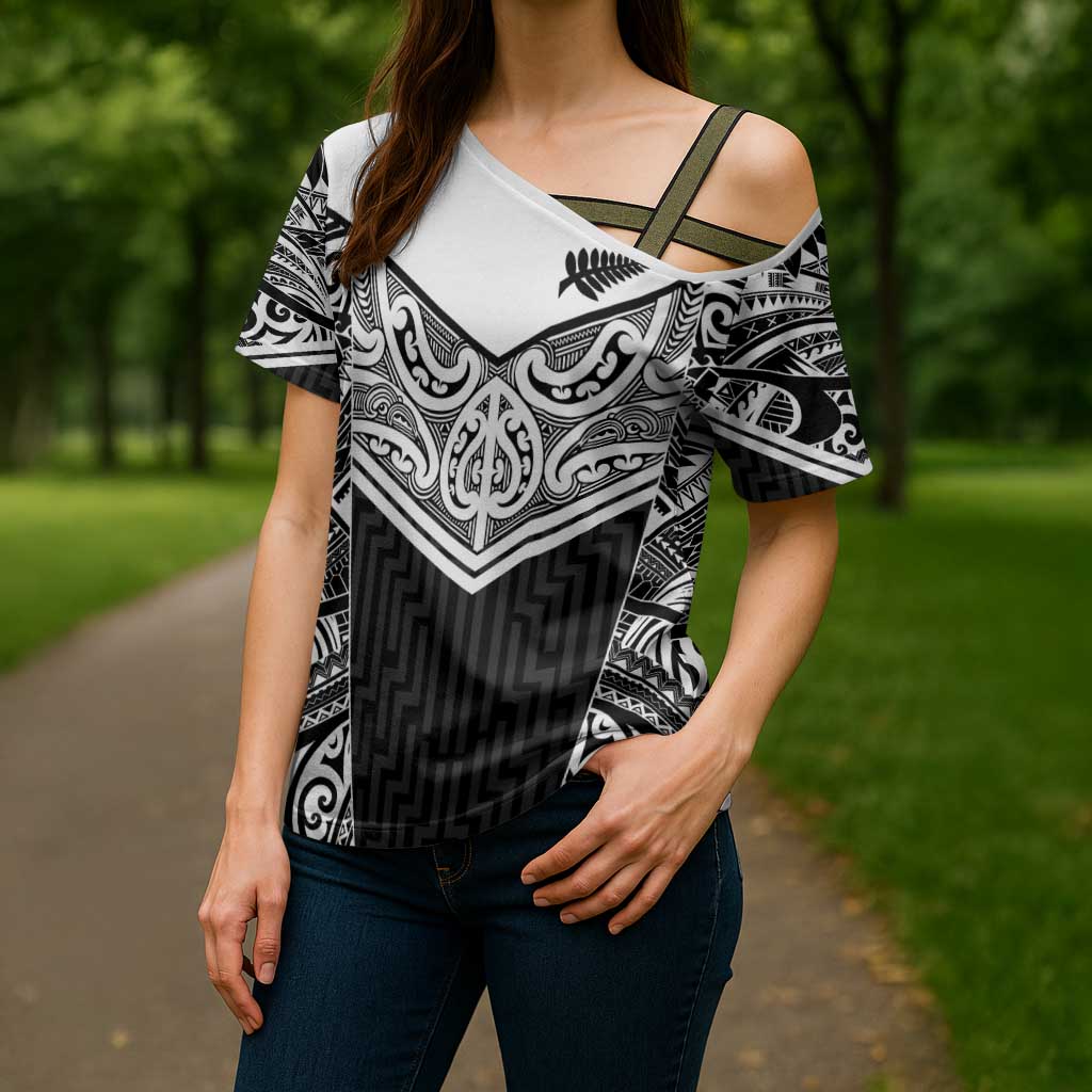 New Zealand Black Fern Custom Cross Shoulder Shirt Maori Tukutuku Black-white Motif - Polynesian Pride
