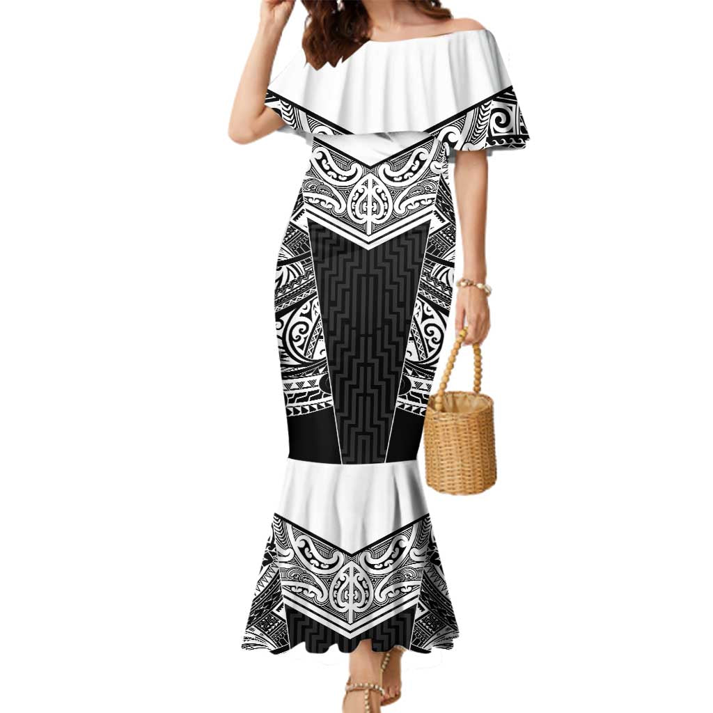 New Zealand Black Fern Custom Family Matching Mermaid Dress and Hawaiian Shirt Maori Tukutuku Black-white Motif