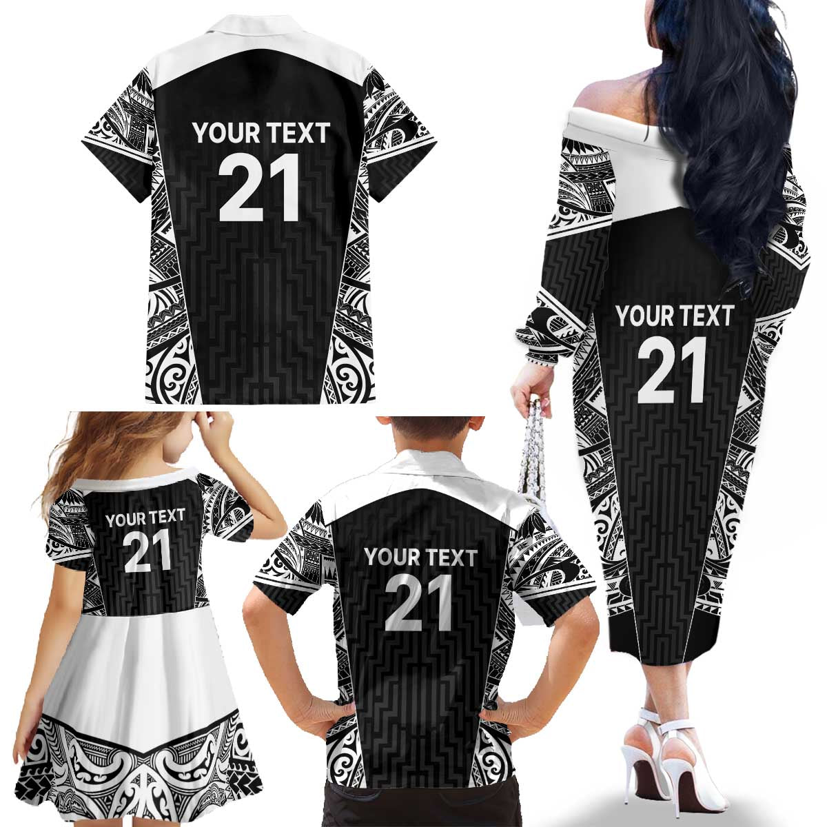 New Zealand Black Fern Custom Family Matching Off The Shoulder Long Sleeve Dress and Hawaiian Shirt Maori Tukutuku Black-white Motif