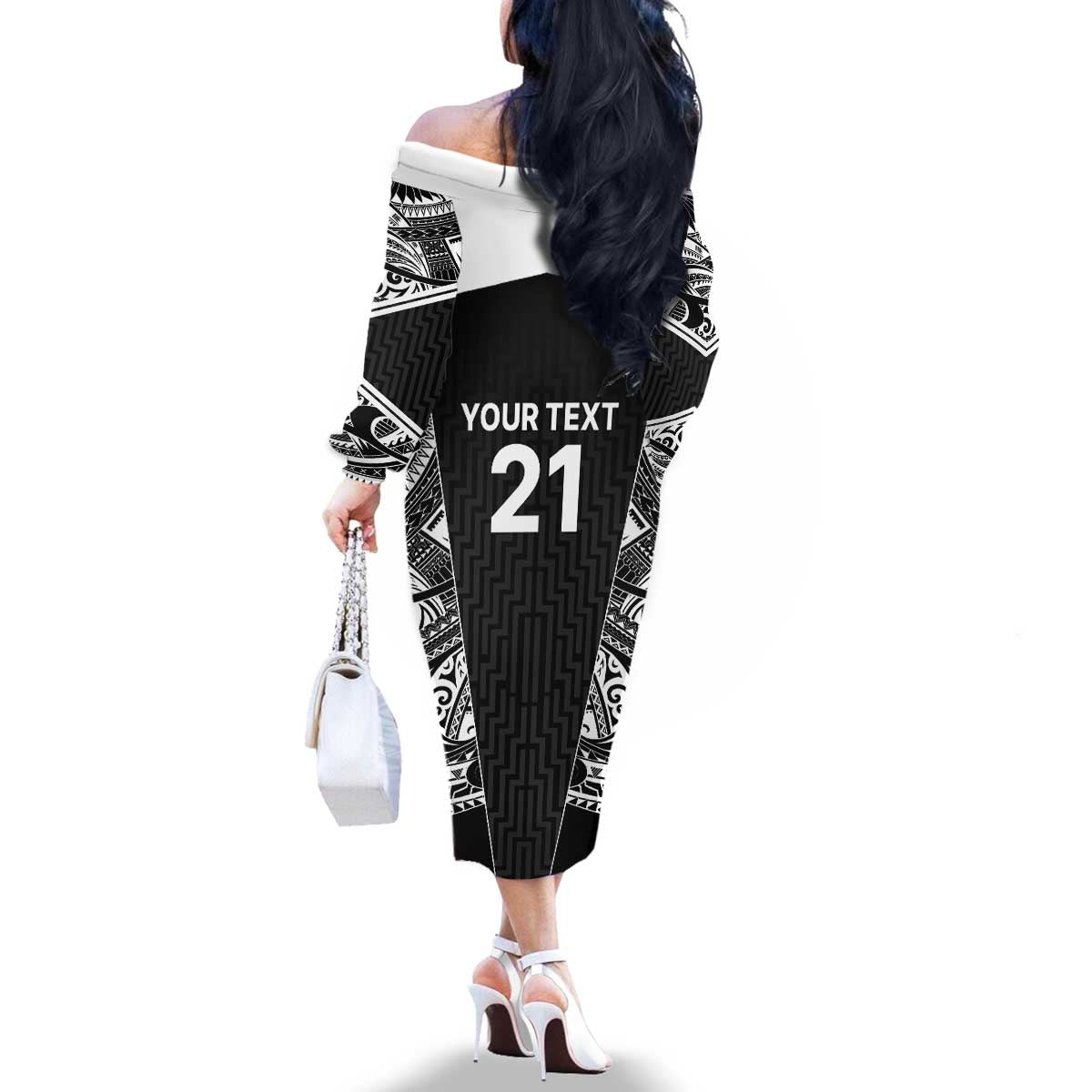 New Zealand Black Fern Custom Family Matching Off The Shoulder Long Sleeve Dress and Hawaiian Shirt Maori Tukutuku Black-white Motif