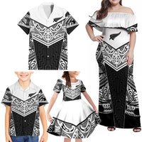 New Zealand Black Fern Custom Family Matching Off Shoulder Maxi Dress and Hawaiian Shirt Maori Tukutuku Black-white Motif