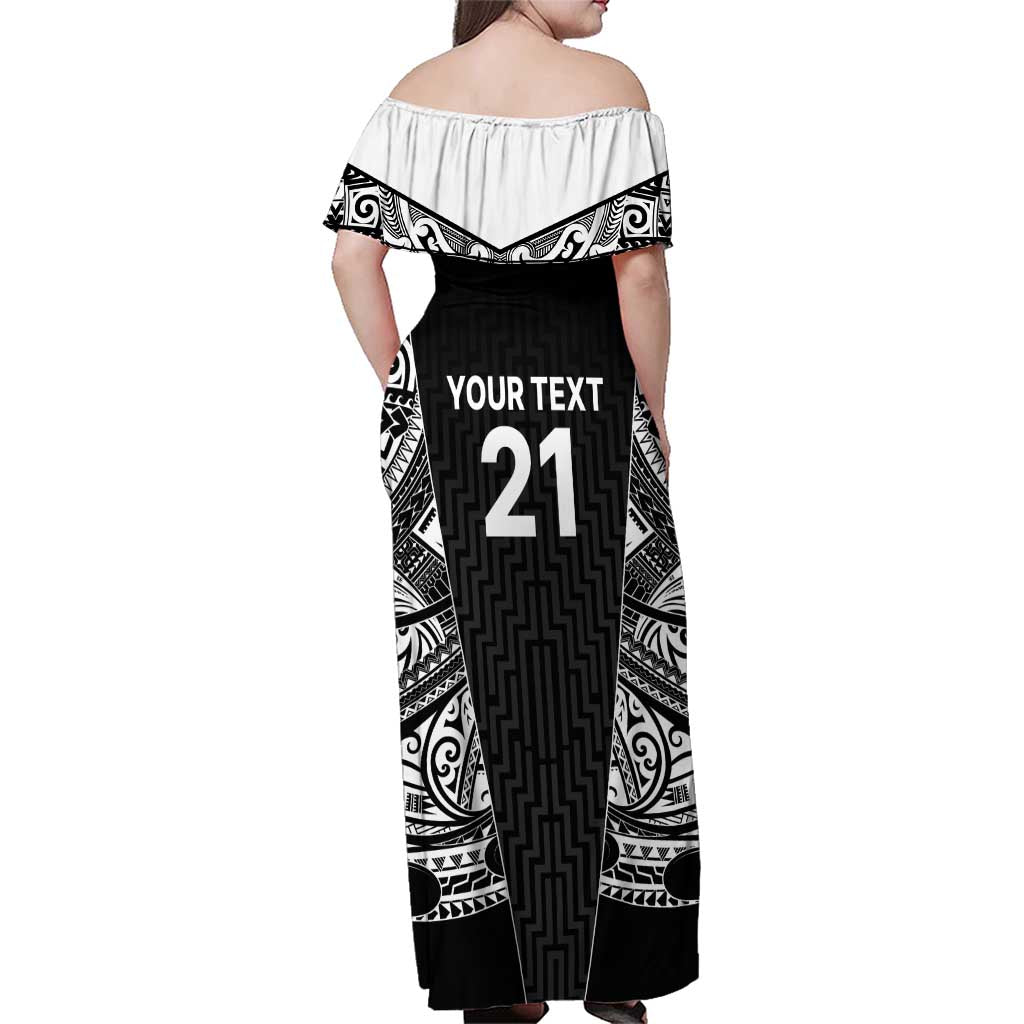 New Zealand Black Fern Custom Family Matching Off Shoulder Maxi Dress and Hawaiian Shirt Maori Tukutuku Black-white Motif