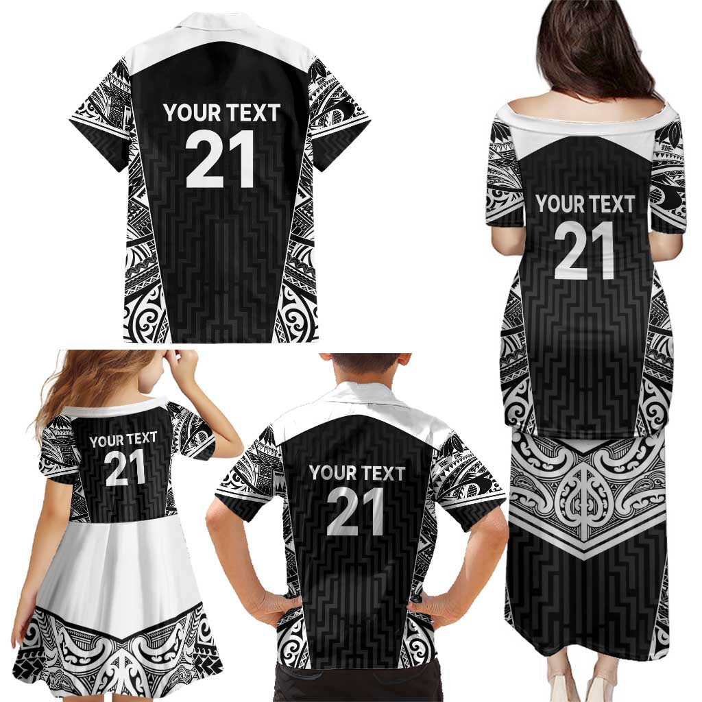 New Zealand Black Fern Custom Family Matching Puletasi and Hawaiian Shirt Maori Tukutuku Black-white Motif