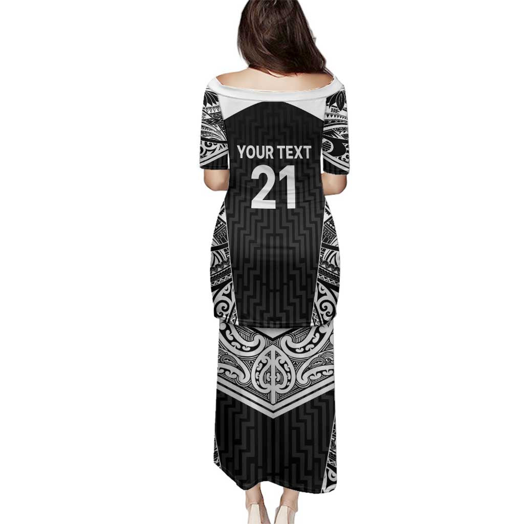 New Zealand Black Fern Custom Family Matching Puletasi and Hawaiian Shirt Maori Tukutuku Black-white Motif