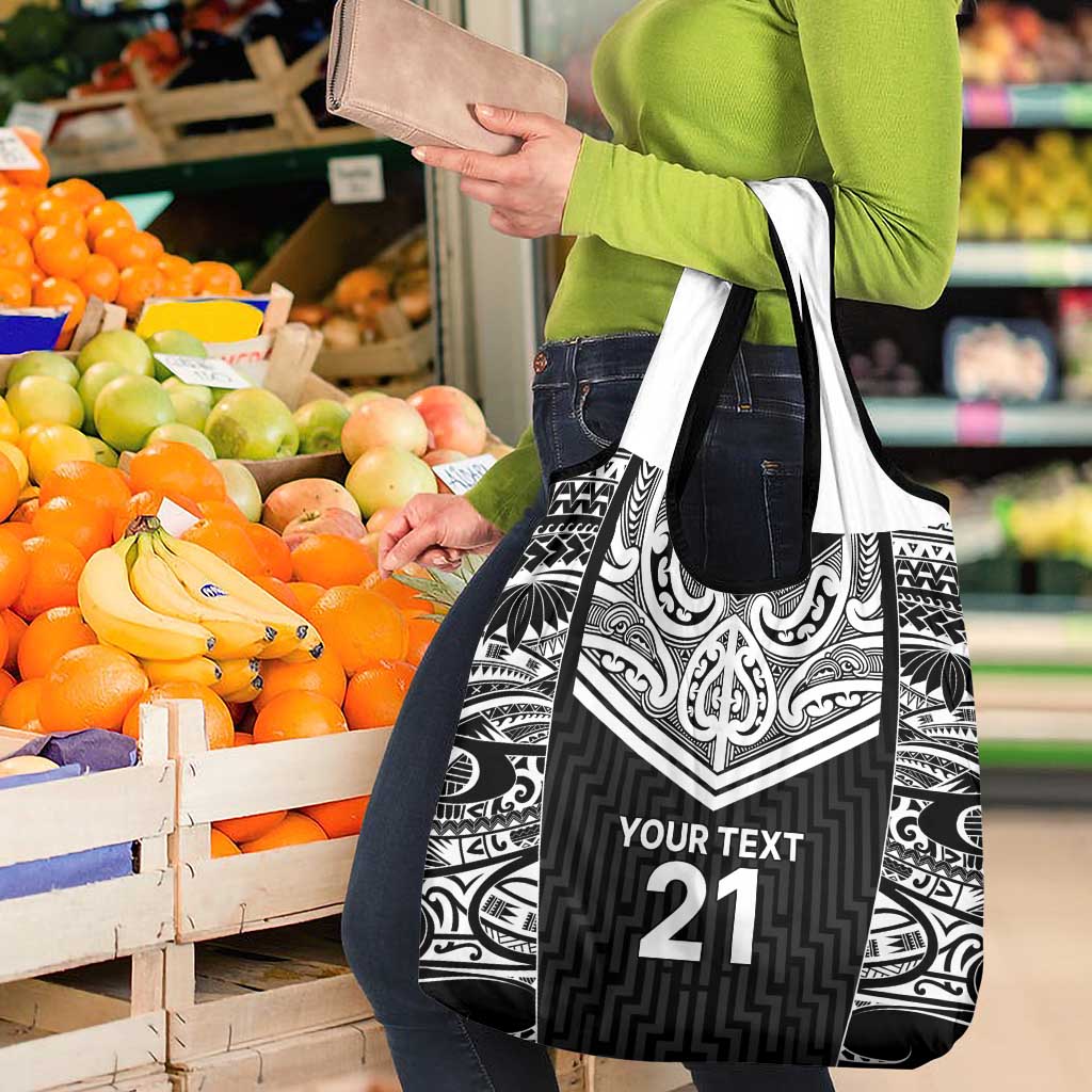 New Zealand Black Fern Custom Grocery Bag Maori Tukutuku Black-white Motif