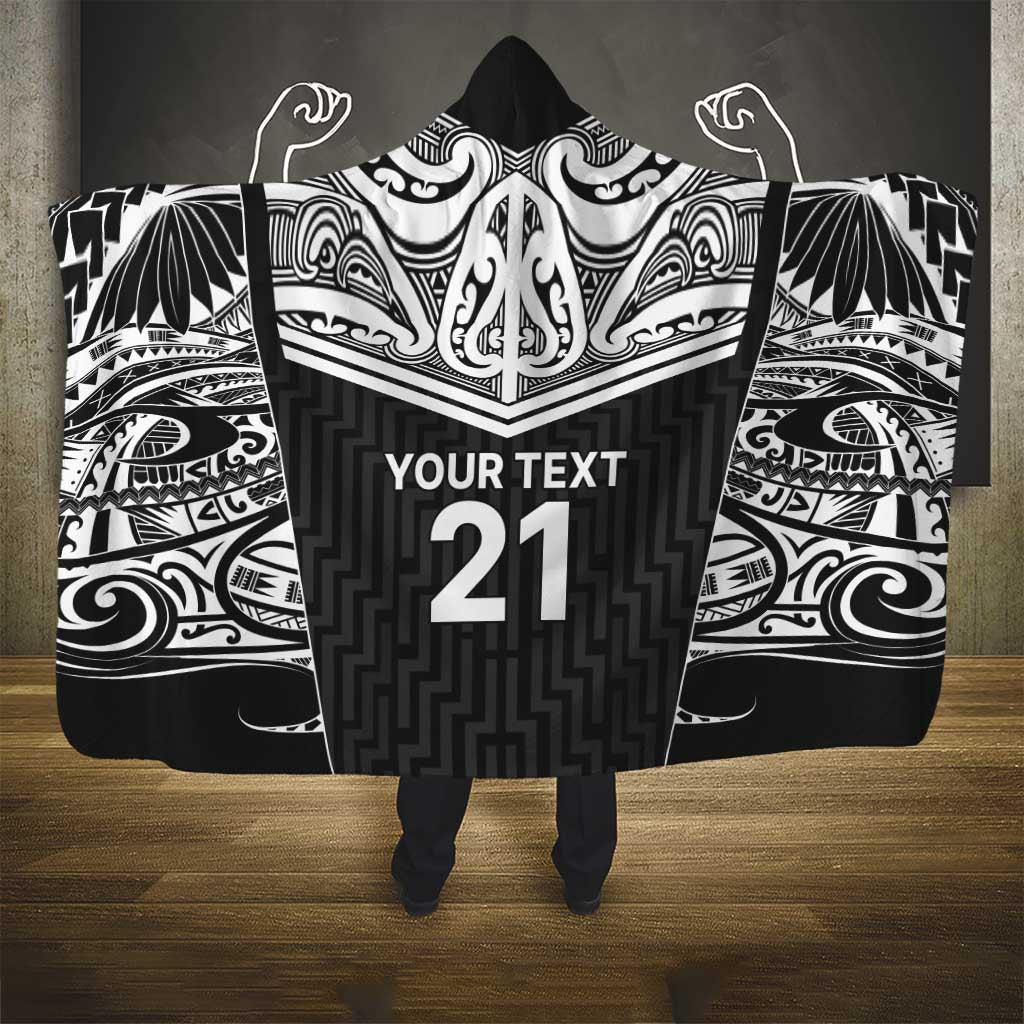 New Zealand Black Fern Custom Hooded Blanket Maori Tukutuku Black-white Motif