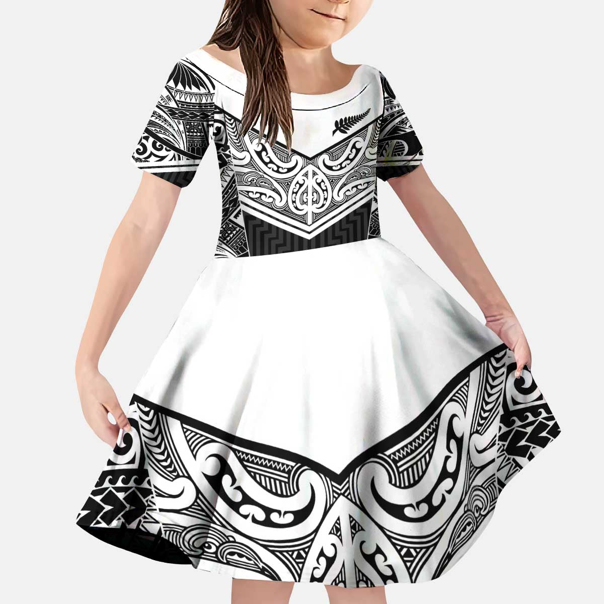 New Zealand Black Fern Custom Kid Short Sleeve Dress Maori Tukutuku Black-white Motif