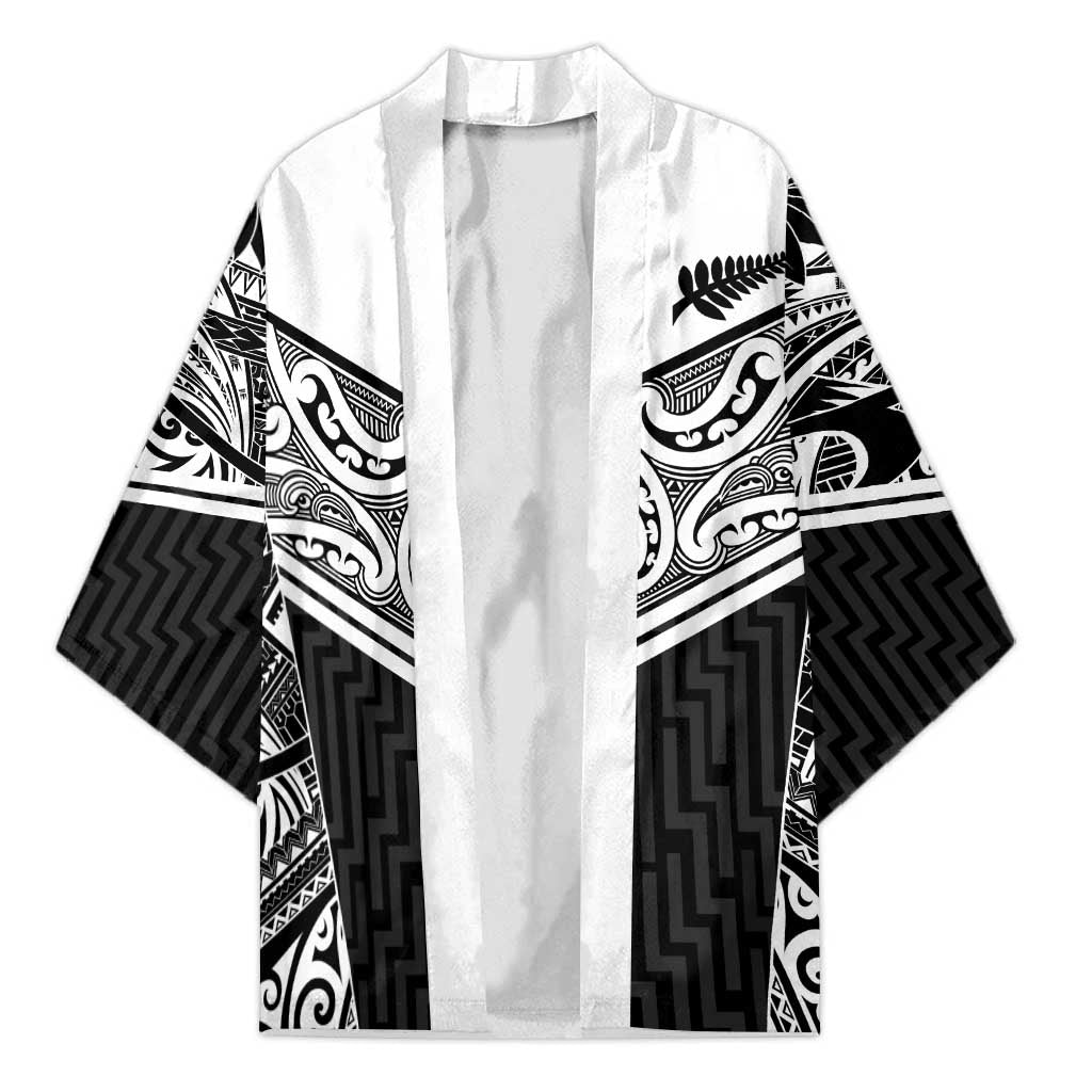 New Zealand Black Fern Custom Kimono Maori Tukutuku Black-white Motif - Polynesian Pride