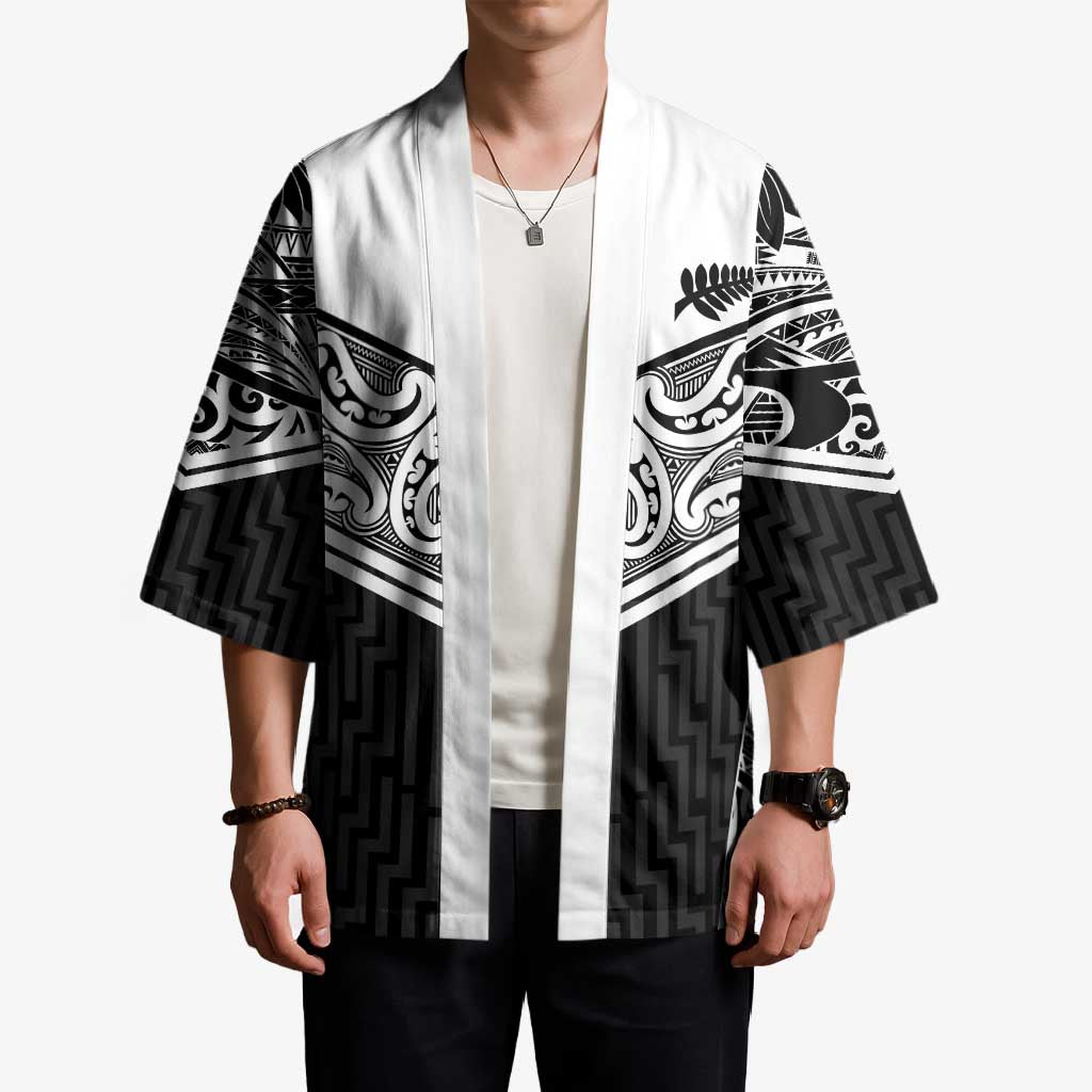 New Zealand Black Fern Custom Kimono Maori Tukutuku Black-white Motif - Polynesian Pride