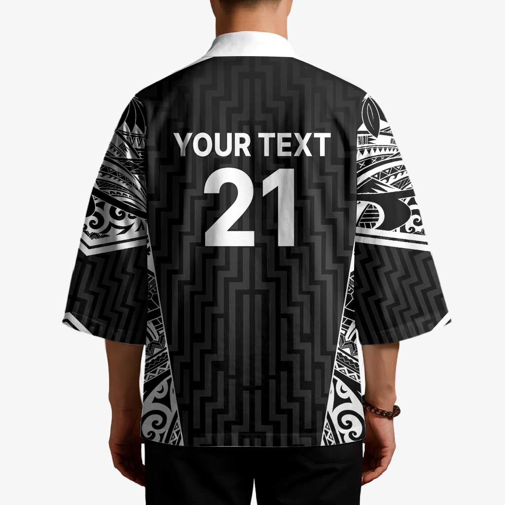 New Zealand Black Fern Custom Kimono Maori Tukutuku Black-white Motif - Polynesian Pride