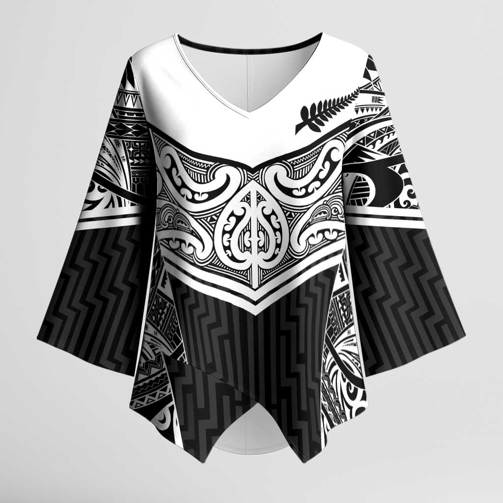 New Zealand Black Fern Custom Kimono Sleeve Blouse Maori Tukutuku Black-white Motif - Polynesian Pride