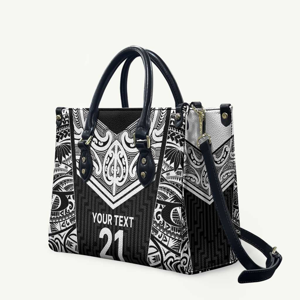 New Zealand Black Fern Custom Leather Bag Maori Tukutuku Black-white Motif - Polynesian Pride