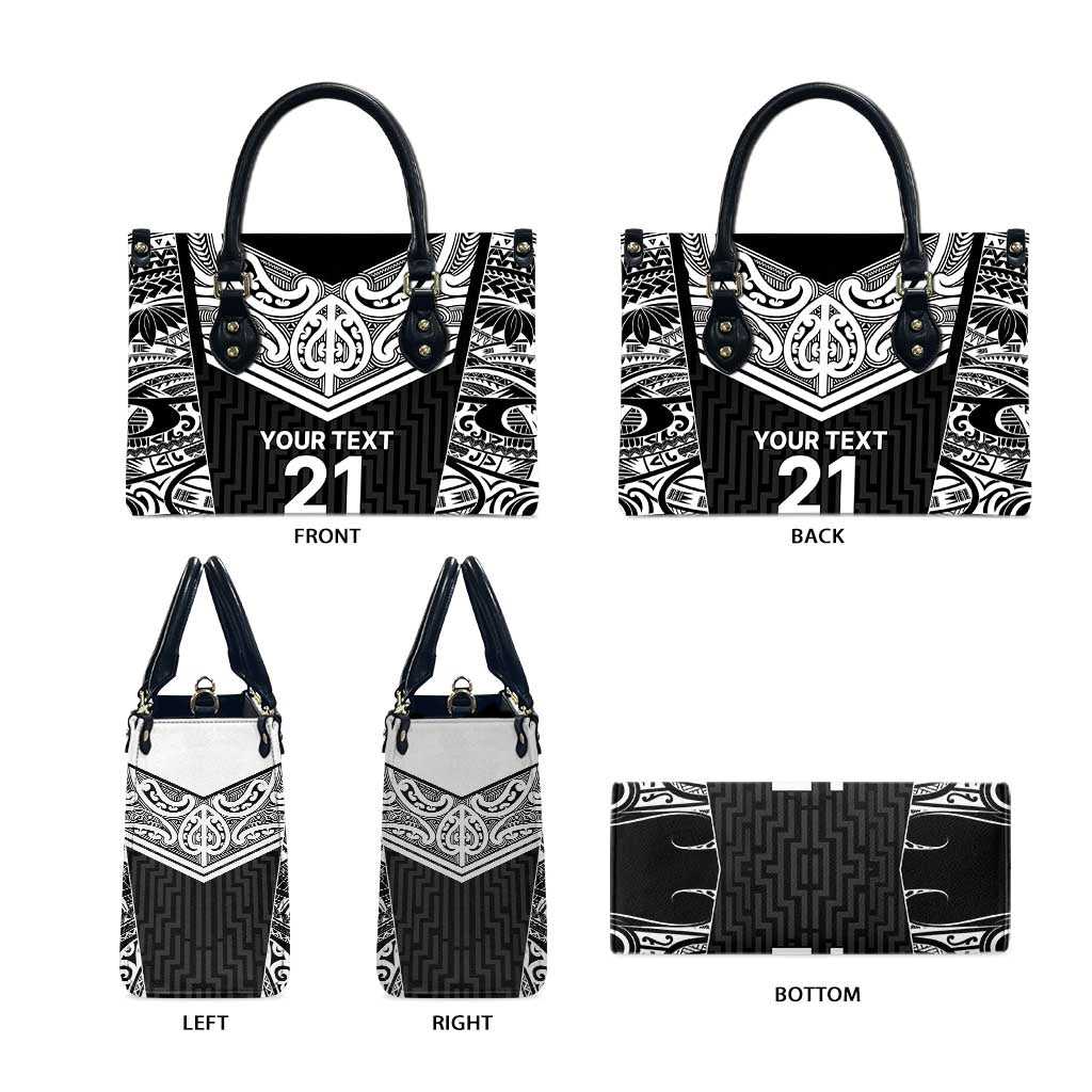 New Zealand Black Fern Custom Leather Bag Maori Tukutuku Black-white Motif - Polynesian Pride
