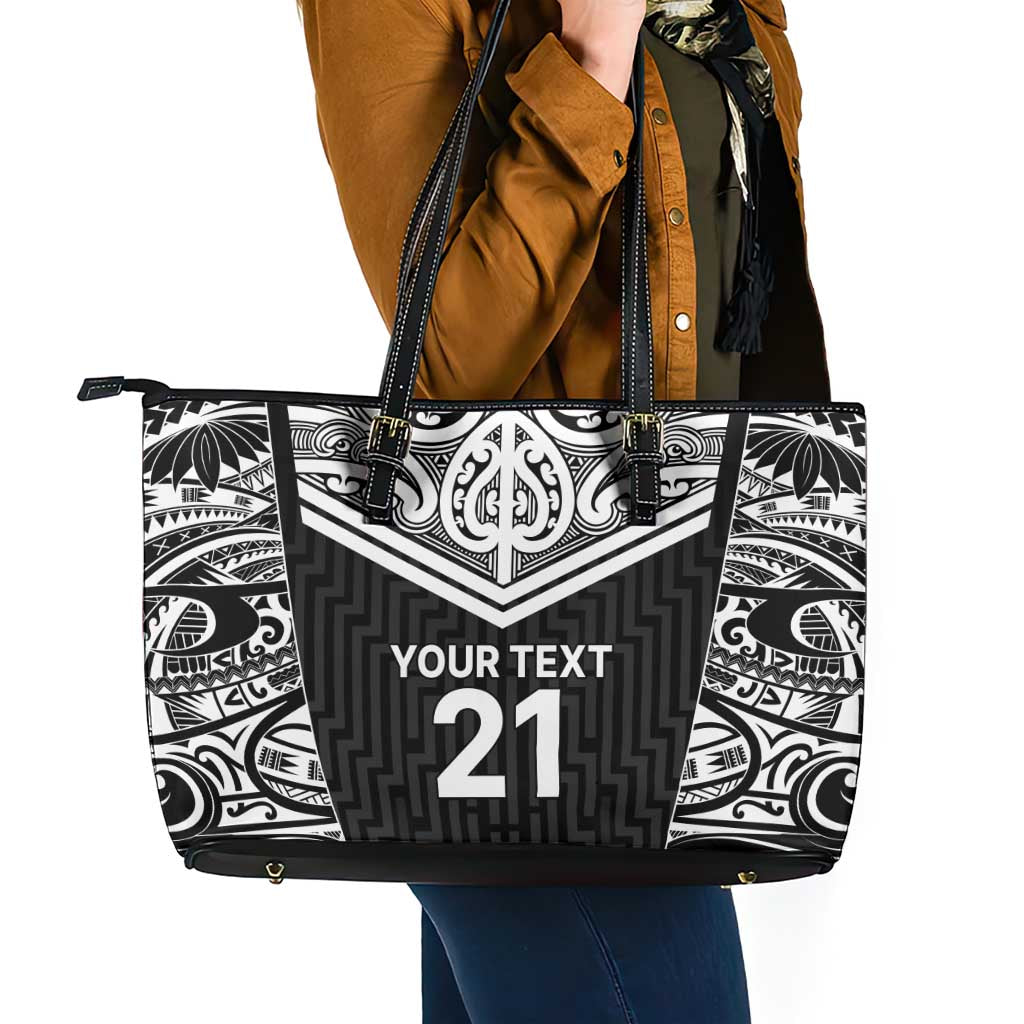New Zealand Black Fern Custom Leather Tote Bag Maori Tukutuku Black-white Motif