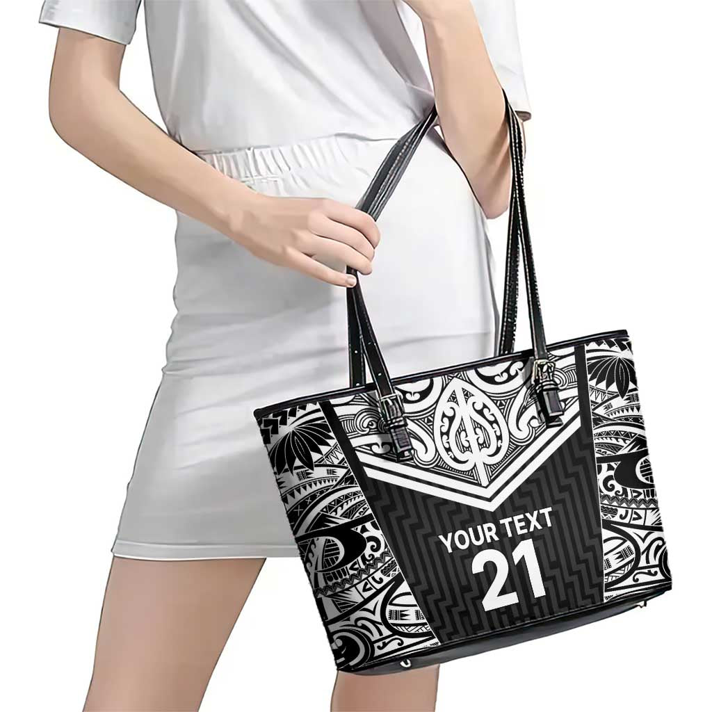 New Zealand Black Fern Custom Leather Tote Bag Maori Tukutuku Black-white Motif