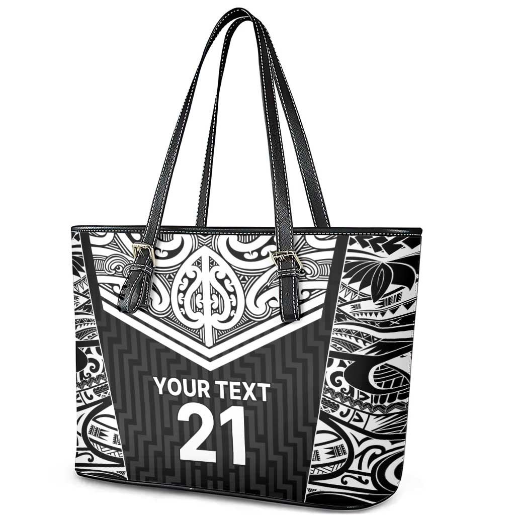 New Zealand Black Fern Custom Leather Tote Bag Maori Tukutuku Black-white Motif