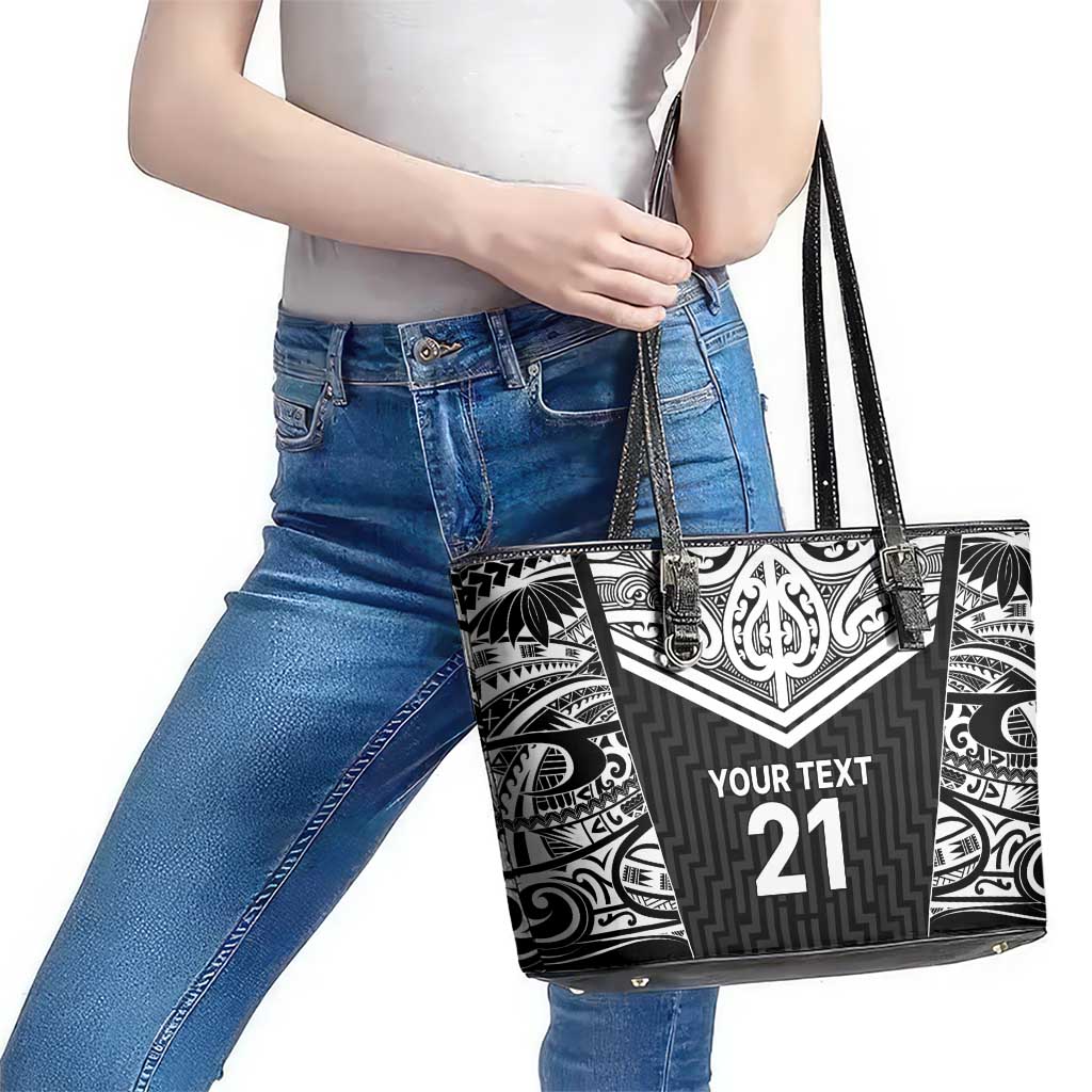 New Zealand Black Fern Custom Leather Tote Bag Maori Tukutuku Black-white Motif
