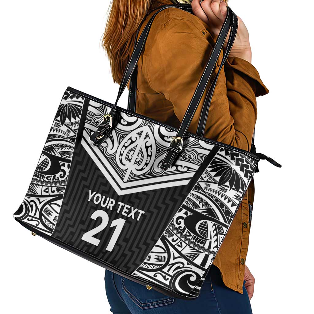 New Zealand Black Fern Custom Leather Tote Bag Maori Tukutuku Black-white Motif