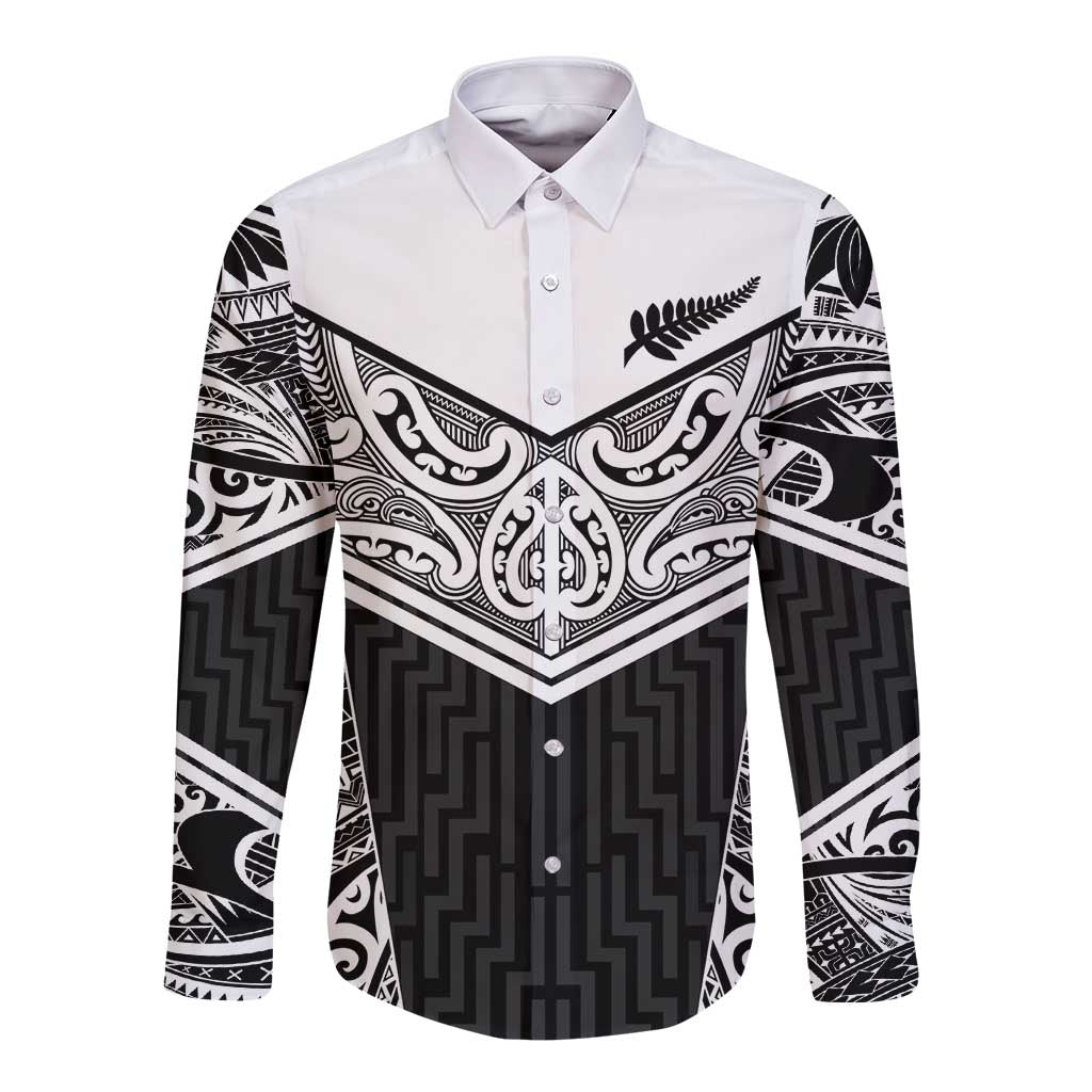 New Zealand Black Fern Custom Long Sleeve Button Shirt Maori Tukutuku Black-white Motif