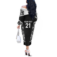 New Zealand Black Fern Custom Off The Shoulder Long Sleeve Dress Maori Tukutuku Black-white Motif