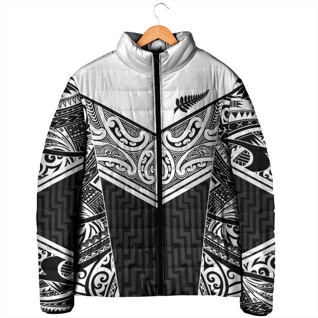 New Zealand Black Fern Custom Padded Jacket Maori Tukutuku Black-white Motif - Polynesian Pride