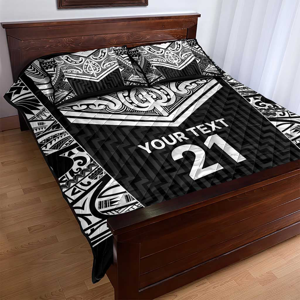 New Zealand Black Fern Custom Quilt Bed Set Maori Tukutuku Black-white Motif