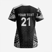 New Zealand Black Fern Custom Scrub Top Maori Tukutuku Black-white Motif - Polynesian Pride