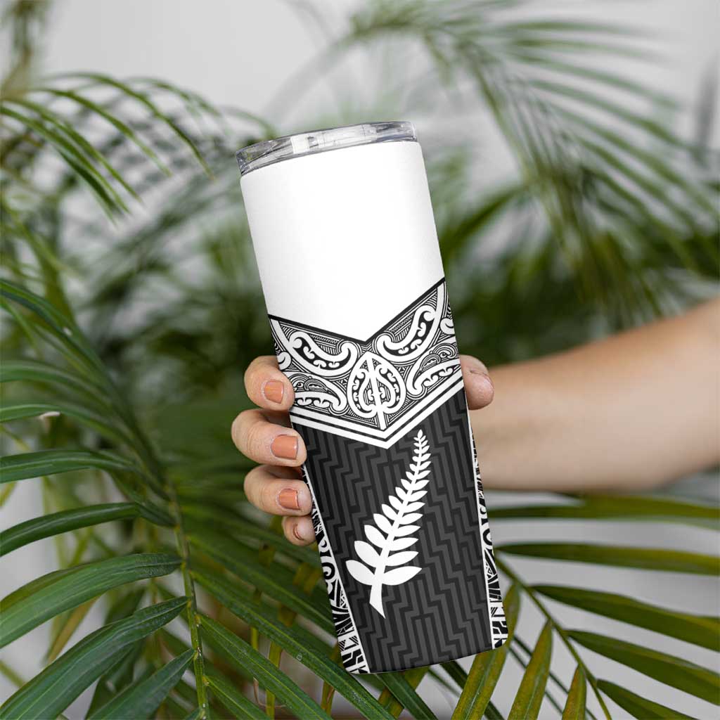New Zealand Black Fern Custom Skinny Tumbler Maori Tukutuku Black-white Motif