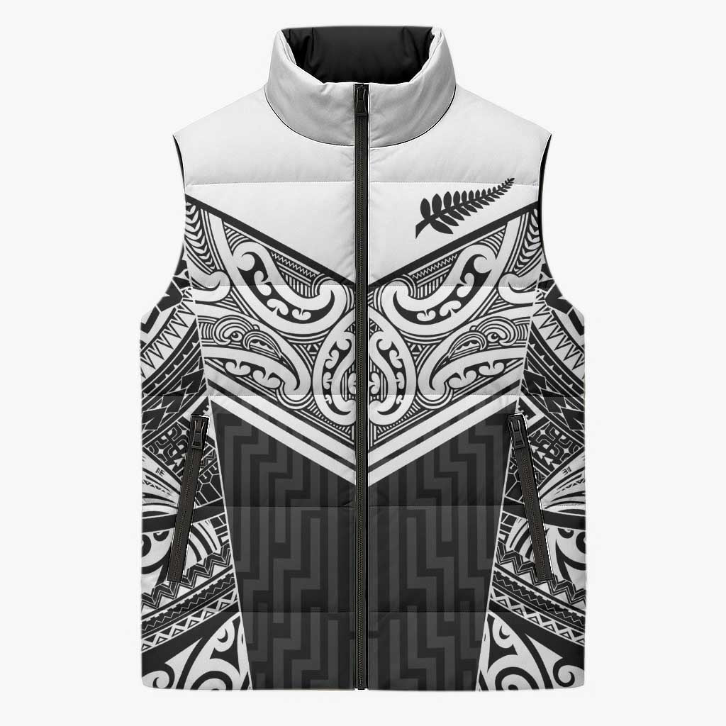 New Zealand Black Fern Custom Sleeveless Puffer Jacket Maori Tukutuku Black-white Motif - Polynesian Pride