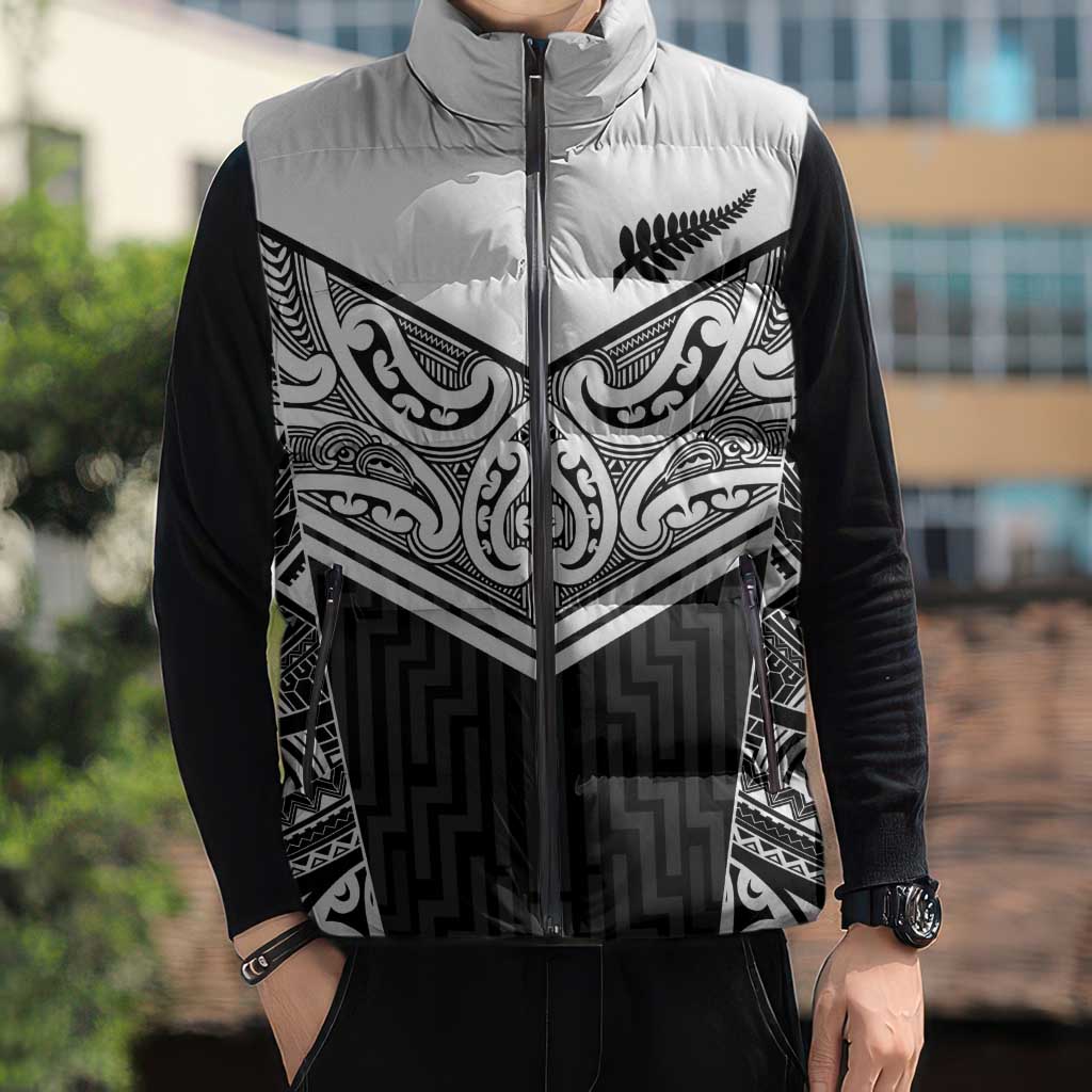 New Zealand Black Fern Custom Sleeveless Puffer Jacket Maori Tukutuku Black-white Motif - Polynesian Pride