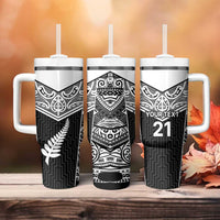 New Zealand Black Fern Custom Tumbler With Handle Maori Tukutuku Black-white Motif