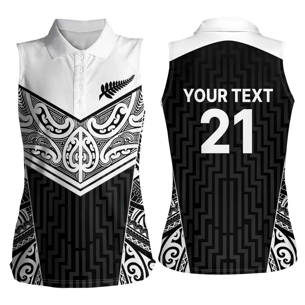 New Zealand Black Fern Custom Women Sleeveless Polo Shirt Maori Tukutuku Black-white Motif