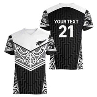 New Zealand Black Fern Custom Women V-Neck T-Shirt Maori Tukutuku Black-white Motif