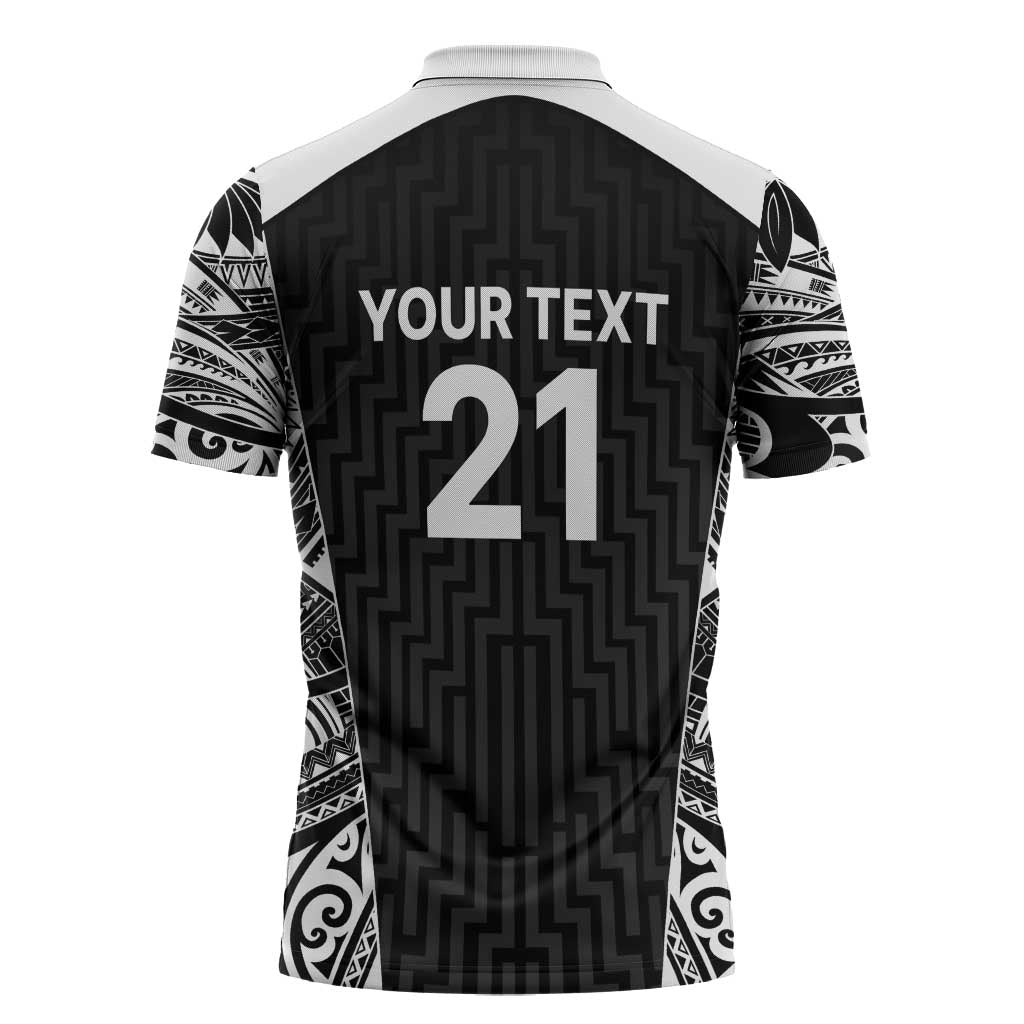 New Zealand Black Fern Custom Zipper Polo Shirt Maori Tukutuku Black-white Motif - Polynesian Pride