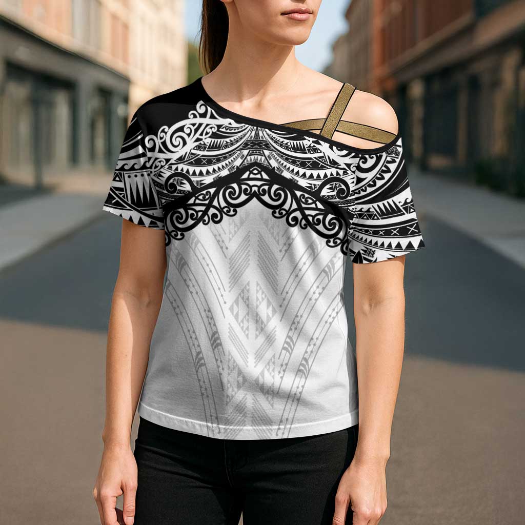 New Zealand Koru Fern Custom Cross Shoulder Shirt Simple Taniko Motif - Polynesian Pride