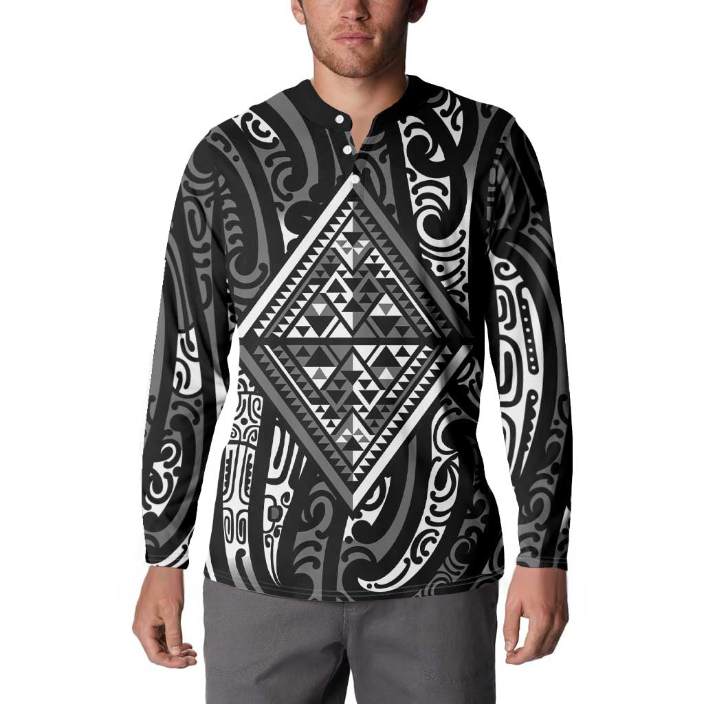 New Zealand Maori Taniko Button Sweatshirt Black Kowhaiwhai Puhoro