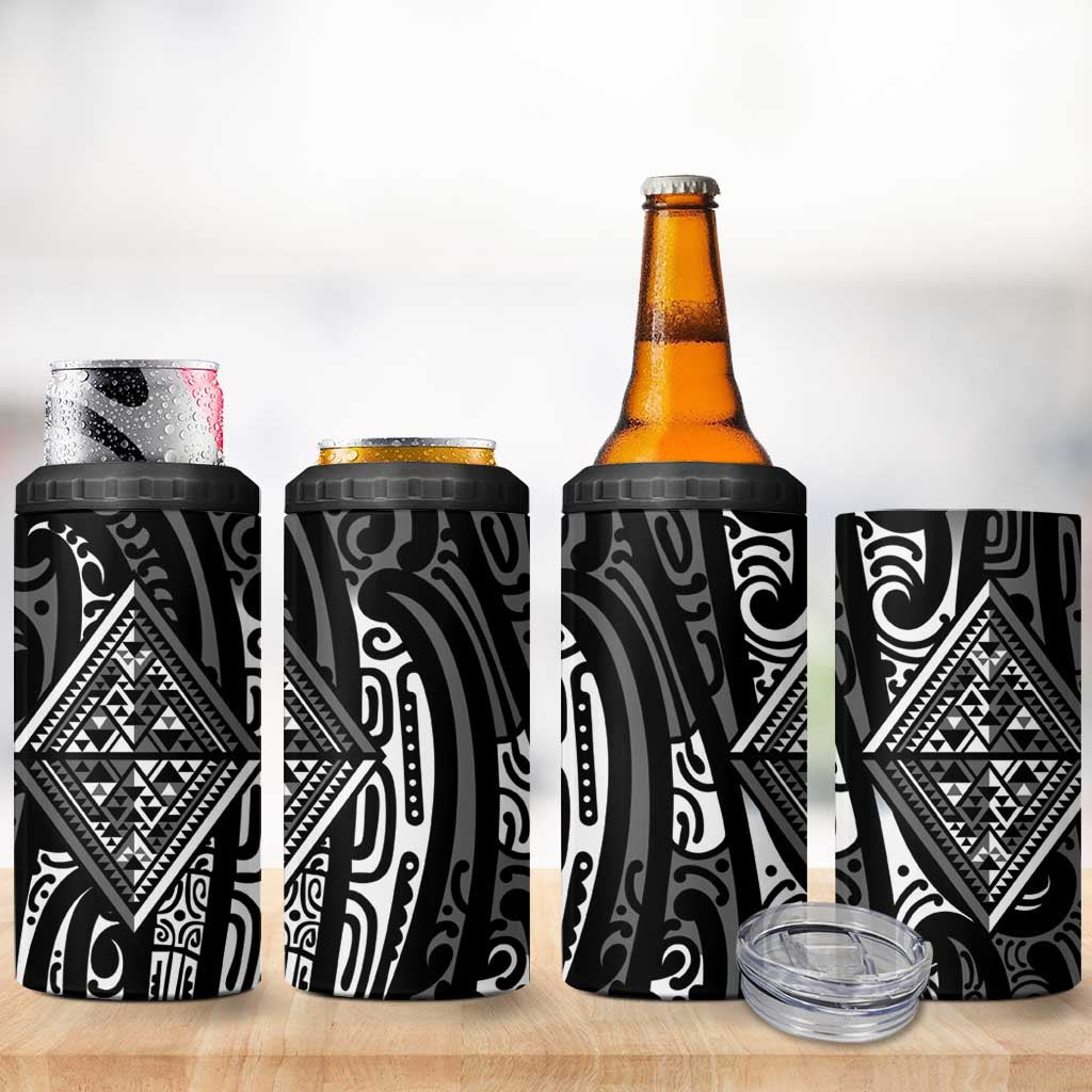 New Zealand Maori Taniko 4 in 1 Can Cooler Tumbler Black Kowhaiwhai Puhoro