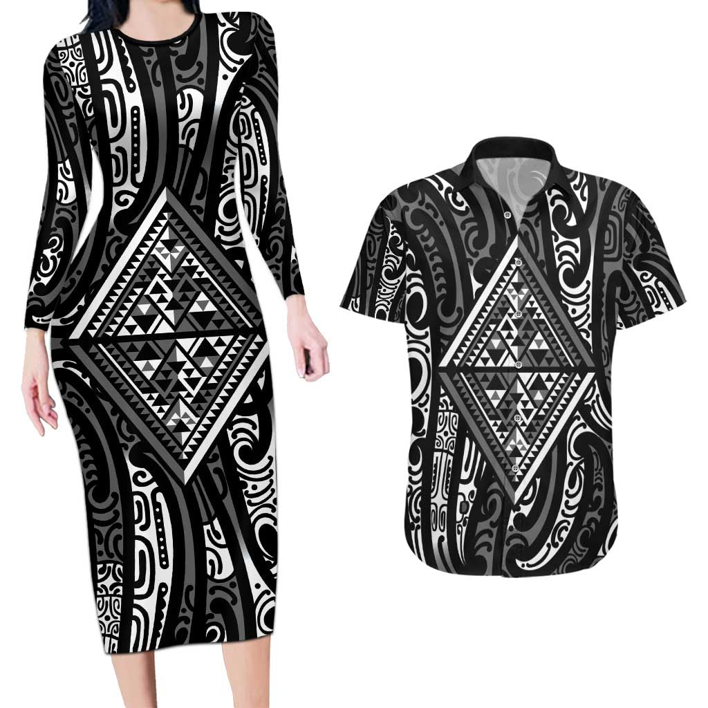 New Zealand Maori Taniko Couples Matching Long Sleeve Bodycon Dress and Hawaiian Shirt Black Kowhaiwhai Puhoro
